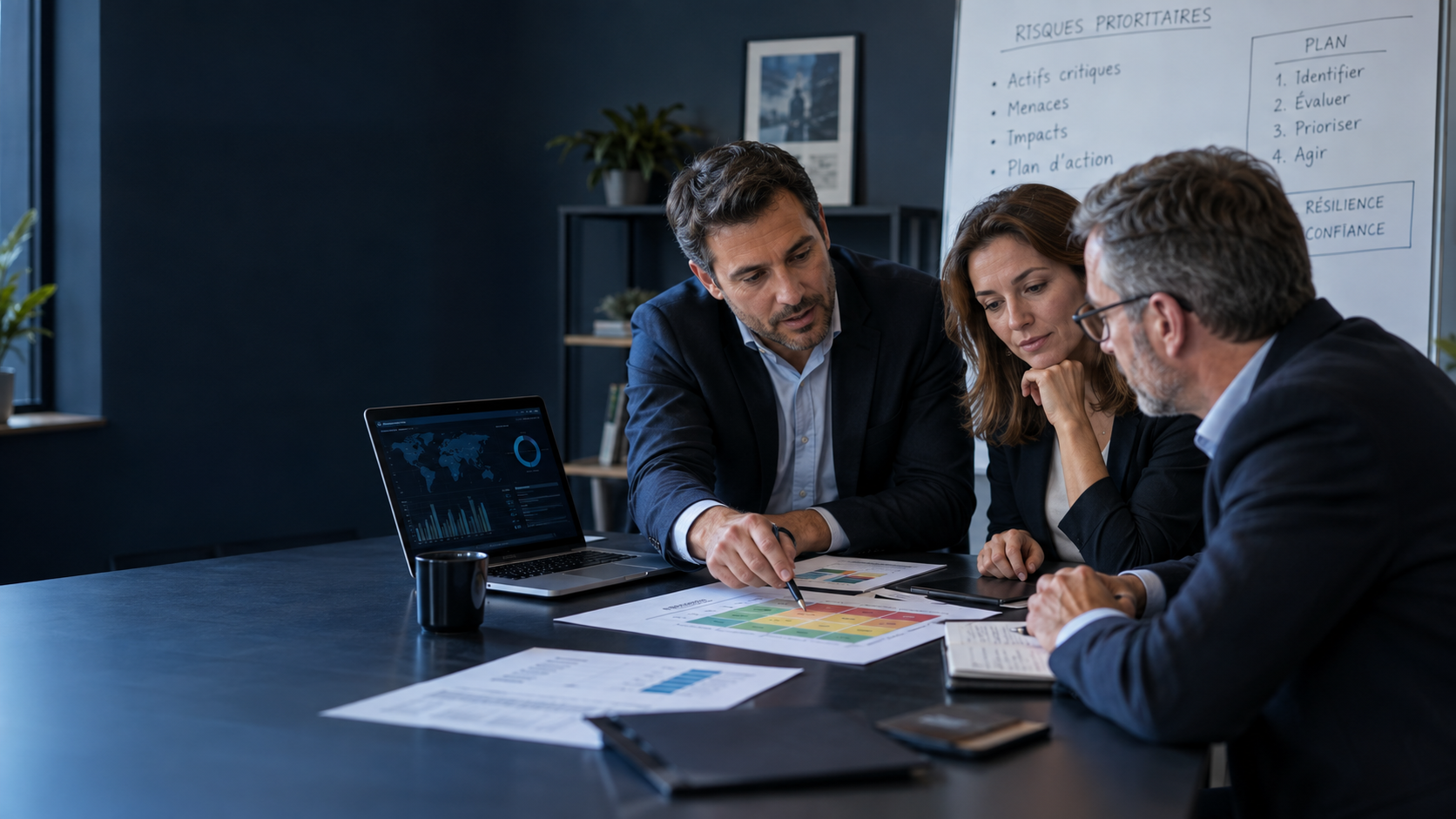 Consultant cybersécurité accompagnant des dirigeants de PME dans la priorisation des risques
