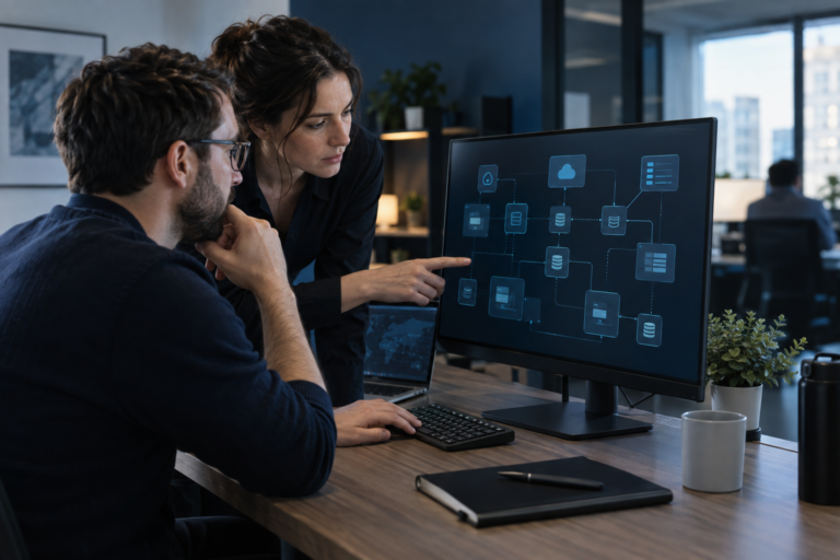 Équipe informatique examinant les connexions entre applications métier