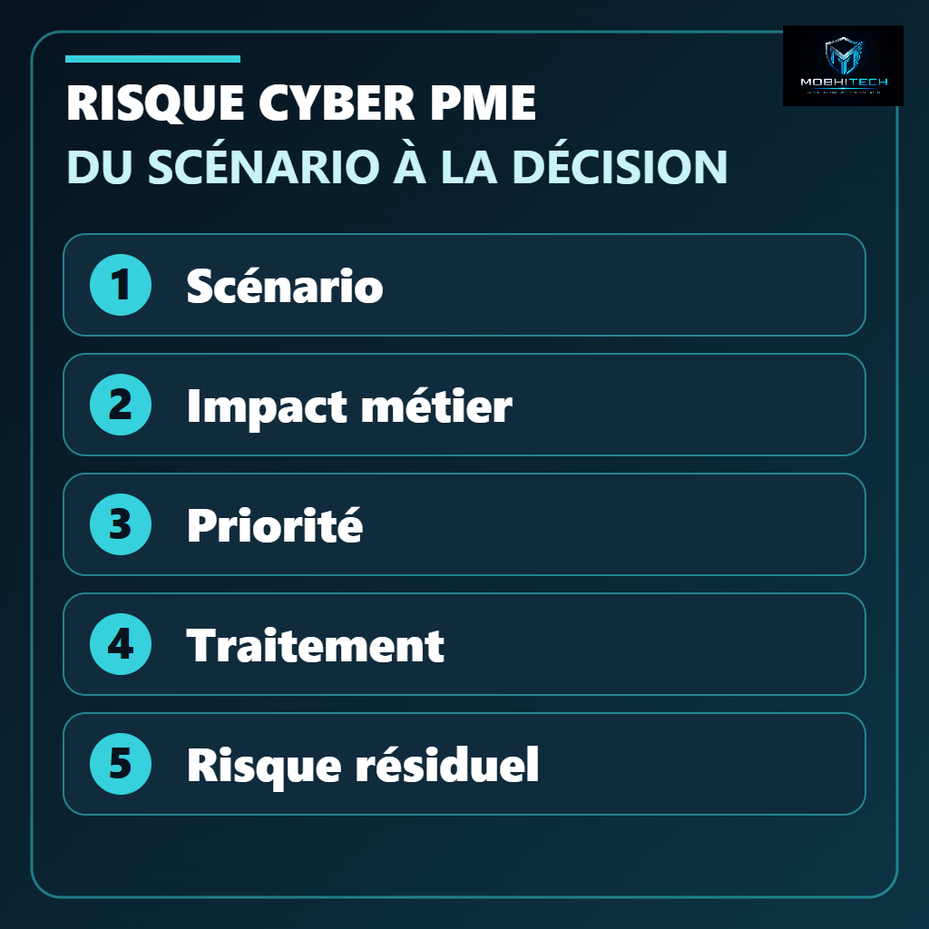 Cinq repères pour décider face à un risque cyber en PME : scénario, impact, priorité, traitement et risque restant