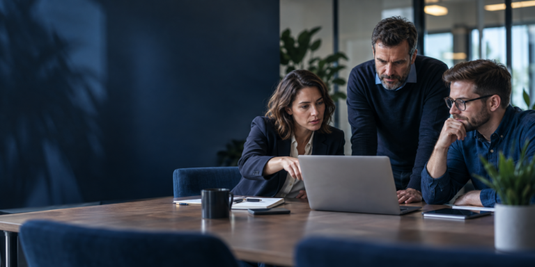 Équipe d’une PME examinant ensemble une situation de cybersécurité