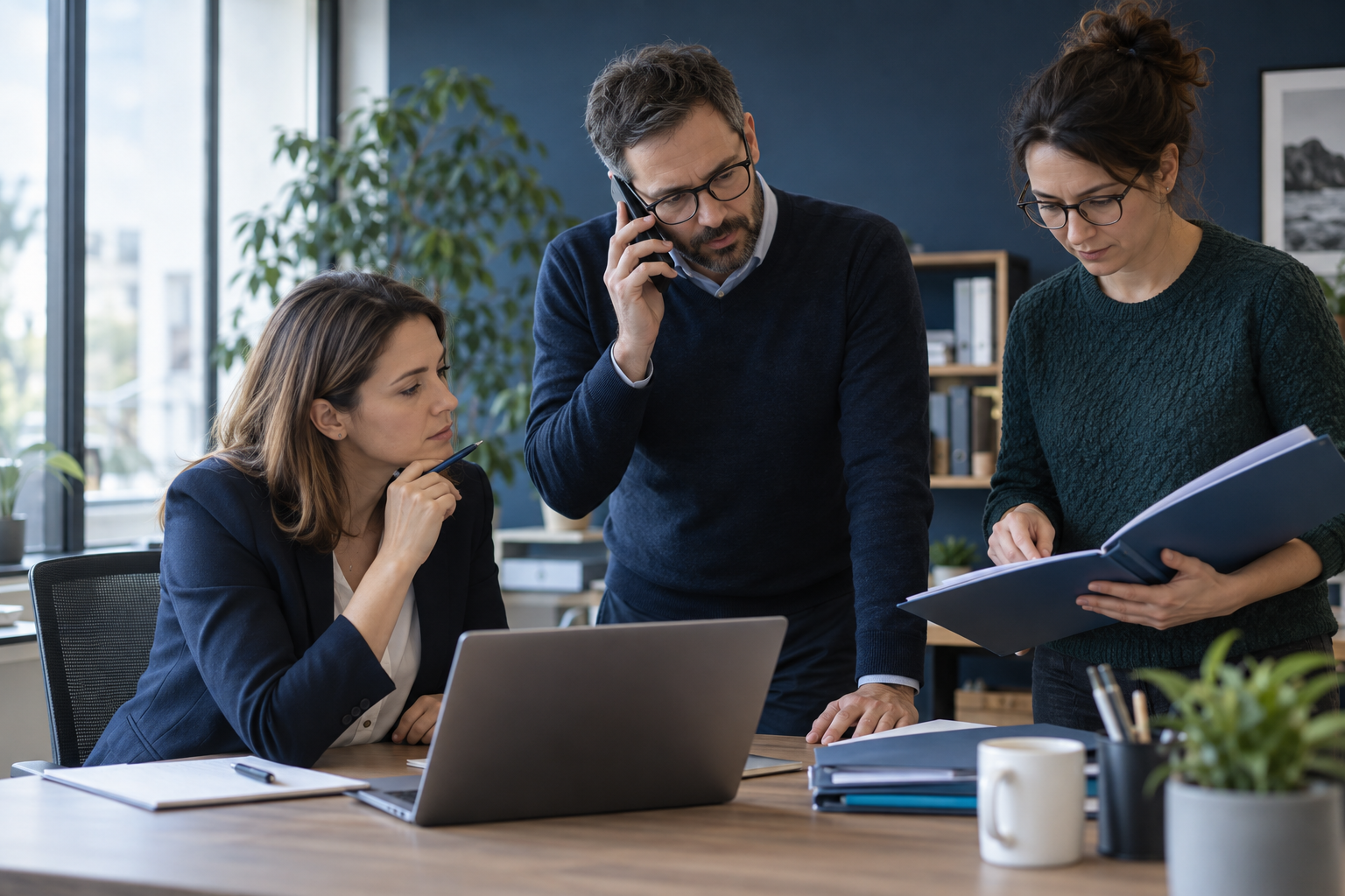 Collègues vérifiant par téléphone une demande de changement de coordonnées bancaires