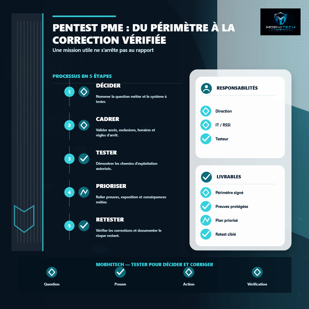 Cinq repères pour transformer un pentest PME en corrections vérifiées : décider, cadrer, tester, prioriser et retester